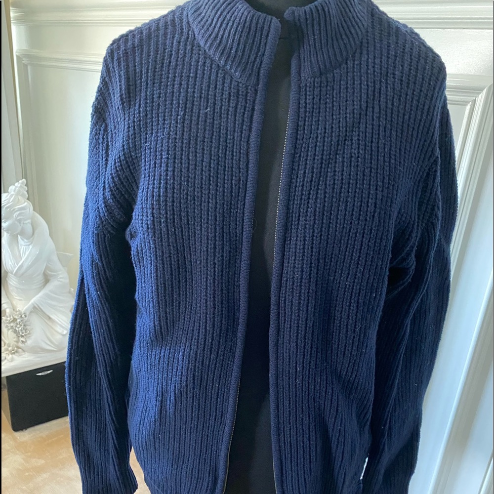 Navy knit cardigan lined in grey